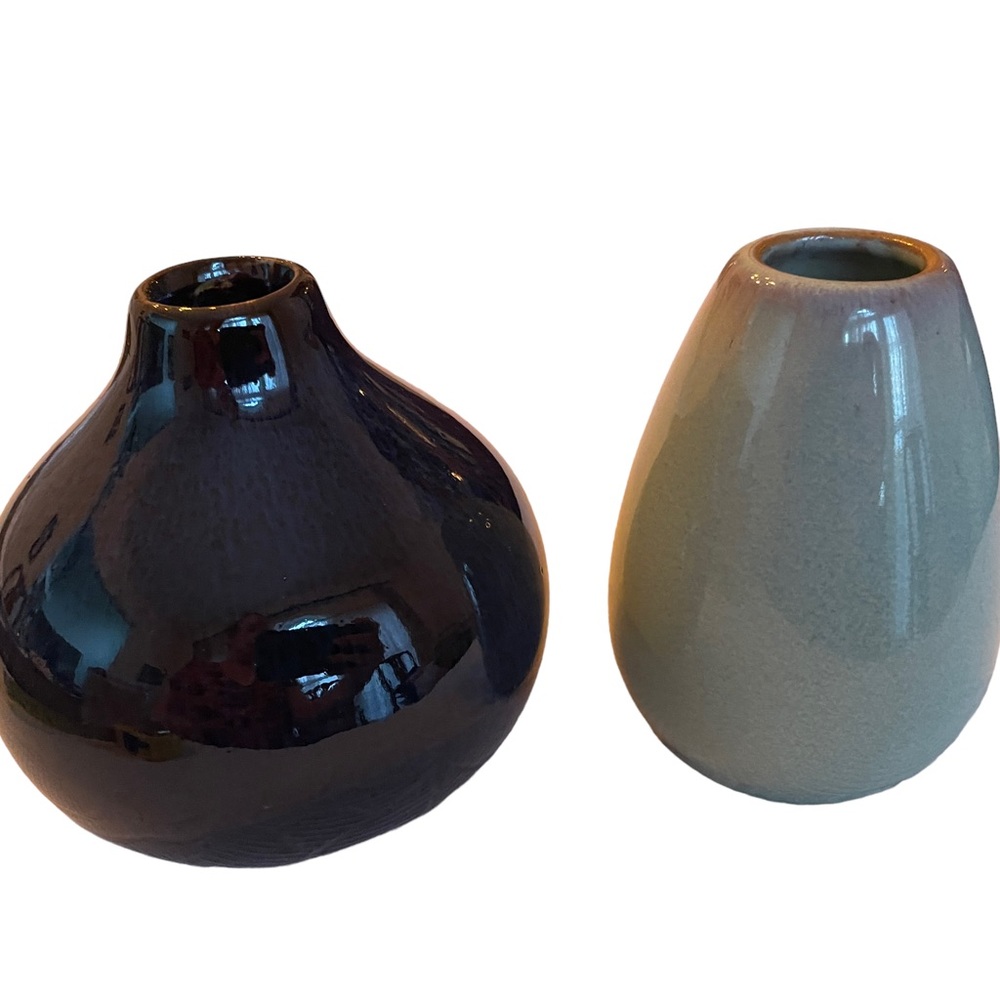 Set of 2 Blue Mini Hand-Glazed Ceramic Pottery Vases, 4" Tall - Picture 5 of 5